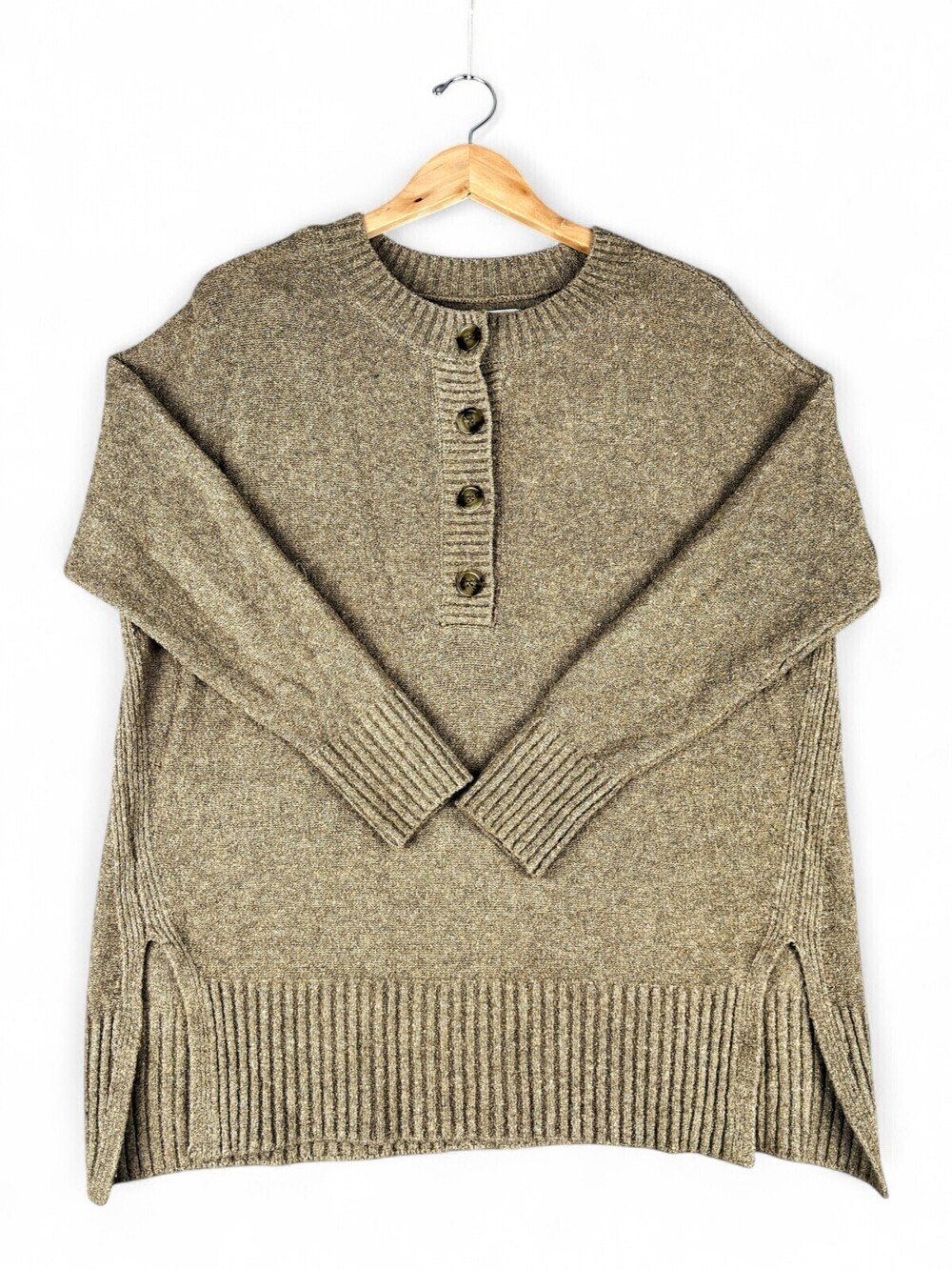 Lou & Grey Henley Crewneck Sweater S Heather Taupe